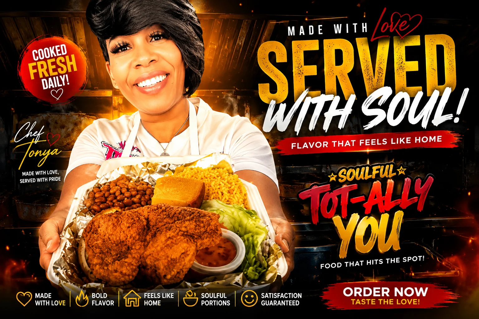 Hot Girlz Soulfood — a chef holding a tray of fried chicken, baked beans, yellow rice, cornbread and salad. Made with love, served with soul. Cooked fresh daily.