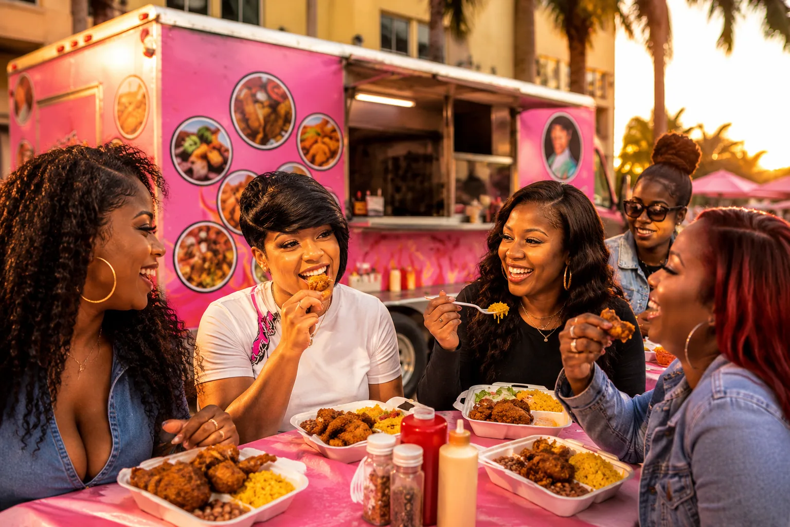 Five friends eating fried chicken, rice and beans from takeout containers at a pink table beside the Hot Girlz food truck at sunset.